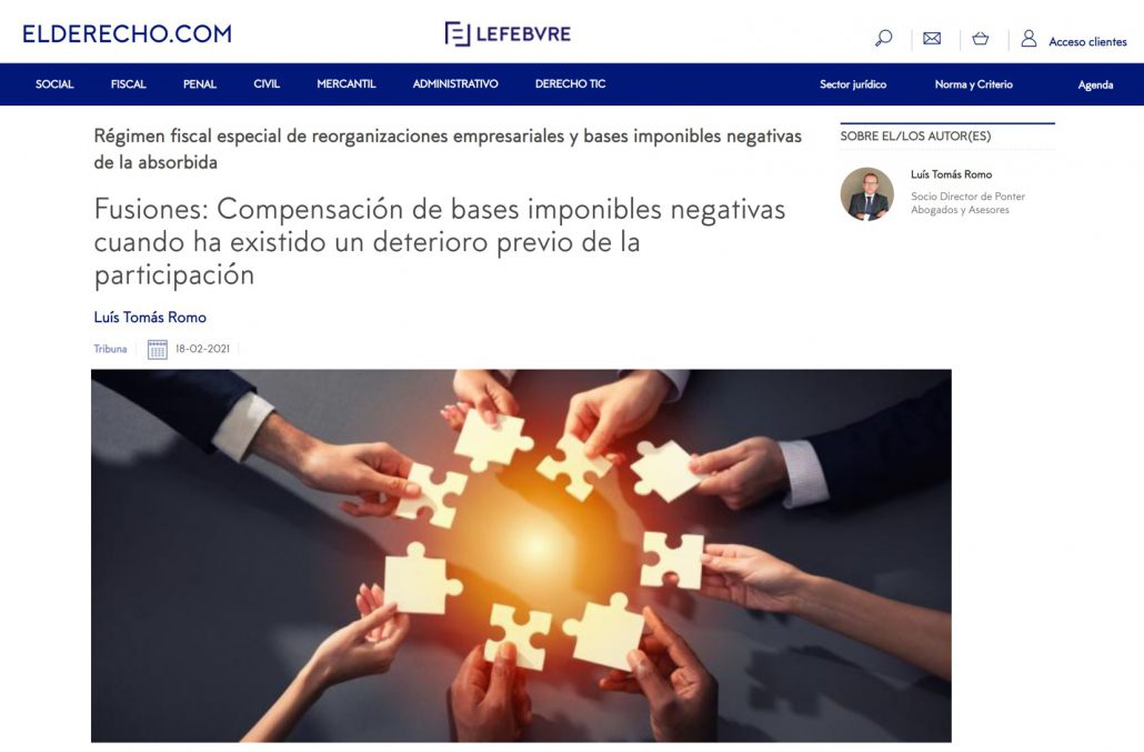Fusiones: Compensación de bases imponibles negativas cuando ha existido un deterioro previo de la participación